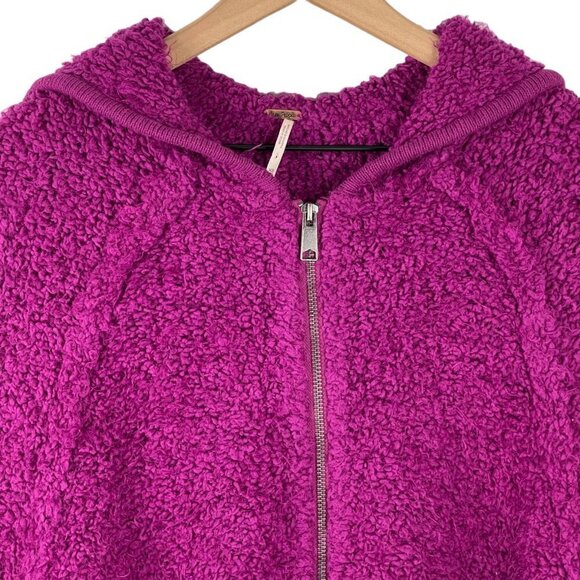Free People Furry Time Hooded Jacket XS Cozy Sherpa Teddy Coat Zip Up Hot Pink - Picture 2 of 11